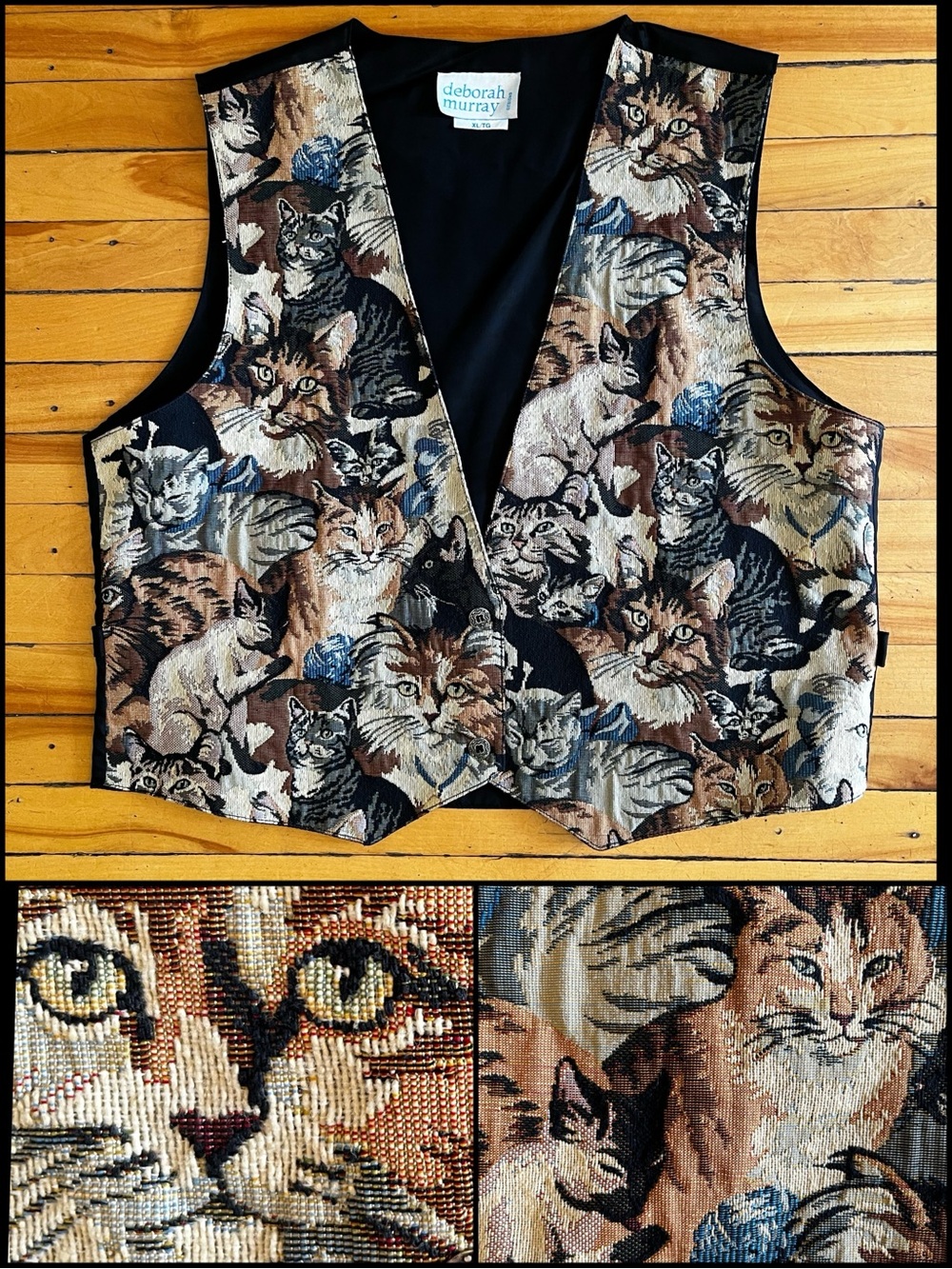 Miaou! Vintage 90s Cat Tapestry Vest by Deborah Murray XL Whimsigoth Cottagecore